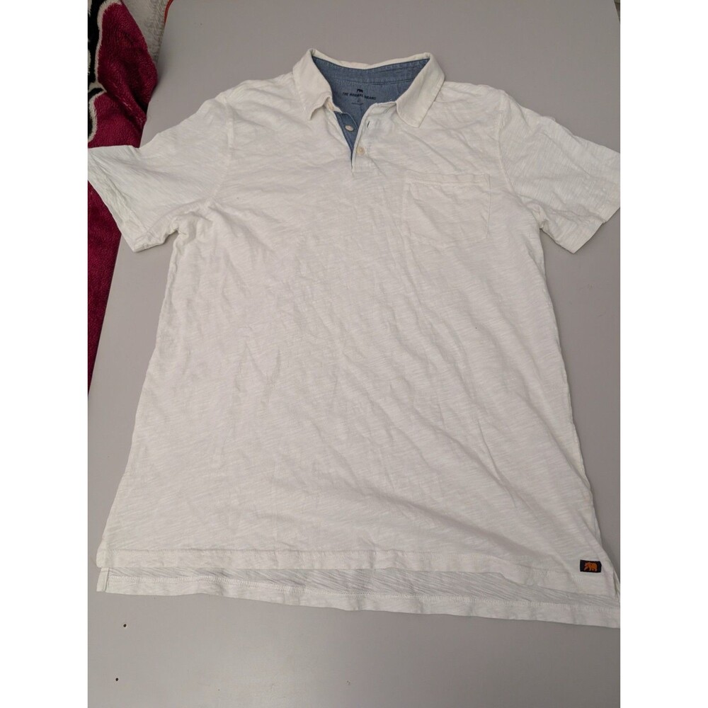 The Normal Brand Men Large White Slub Cotton Short Sleeve Polo Shirt Blue Collar